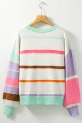 Contrast Striped Round Neck Drop Shoulder Sweater