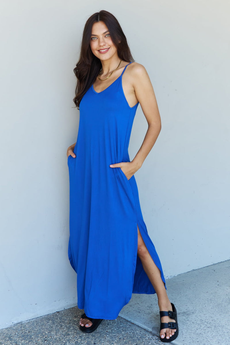 Full Size Cami Side Slit Maxi Dress in Blue